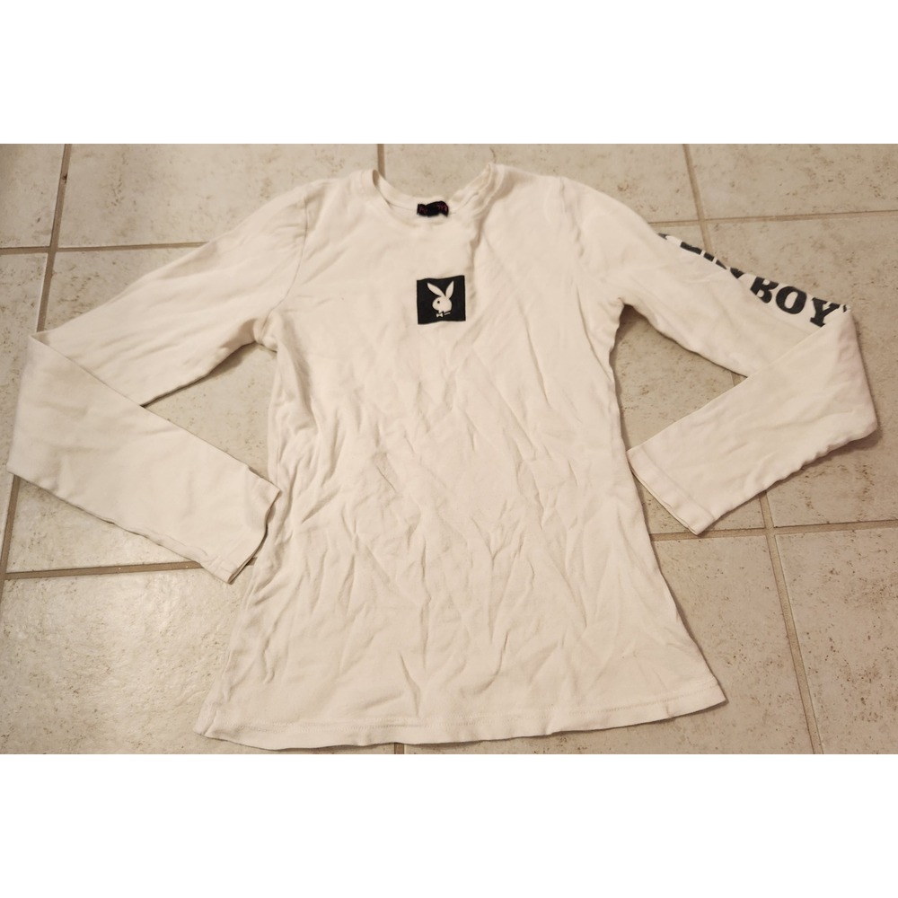 Playboy Womens Long Sleeve T-Shirt White Bunny Logo Graphic Tee Large